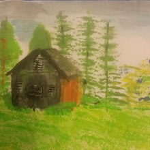 View "An old, wooden cottage on hill landscape"