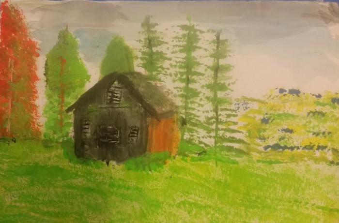 An old, wooden cottage on hill landscape